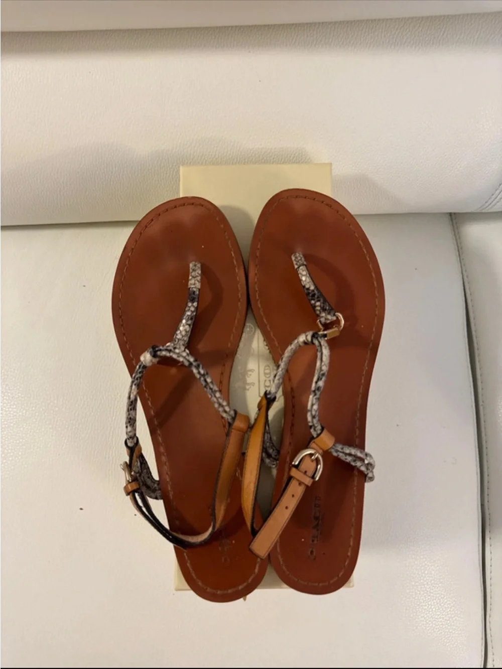 COACH BROWN LEATHER T-STRAP SANDALS WITH SNAKESKIN TRIM